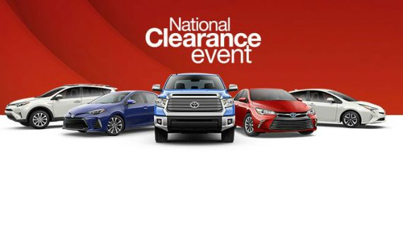 Toyota National Clearance Event Banner with Toyota Models on Red/Whit Background