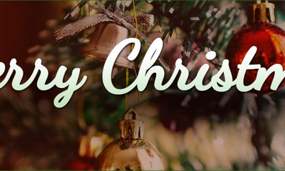 Close Up of Christmas Tree and Ornaments with White Merry Christmas Text