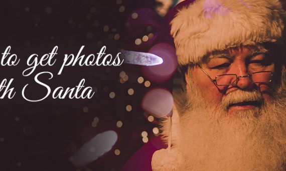 Santa Claus Against Purple Background with Christmas Lights and Text that Read Where to Get Photos with Santa