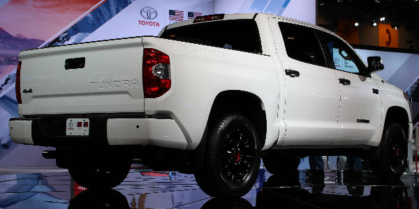 Super White 2019 Toyota Tundra TRD Pro Rear Exterior on Stage at Chicago Auto Show