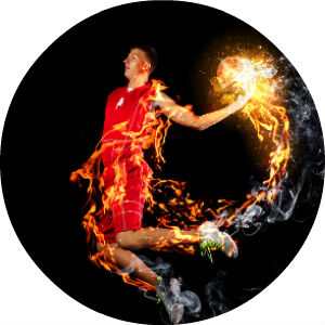 Graphic of Basketball Player in Red Uniform Dunking a Flaming Ball