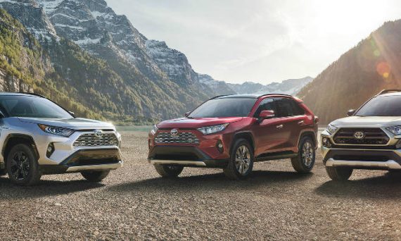 Silver, Red and Gold 2019 Toyota RAV4 Models Parked in Front of Mountain Range