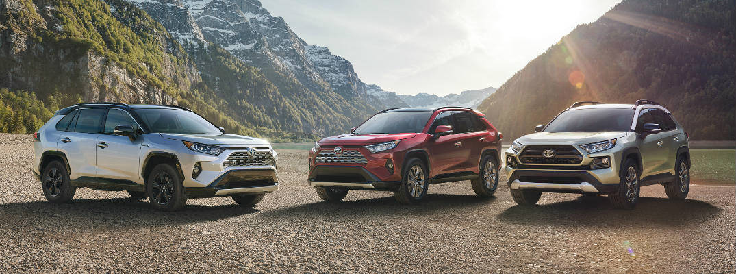 Silver, Red and Gold 2019 Toyota RAV4 Models Parked in Front of Mountain Range