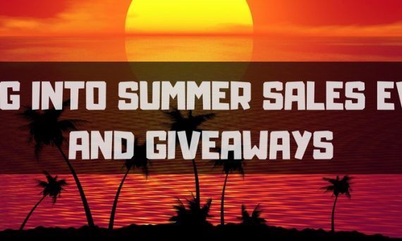Red and Orange Sunset with Silhouette of an Island and Palm Trees with White Swing into Summer Sales Event and Giveaways Text