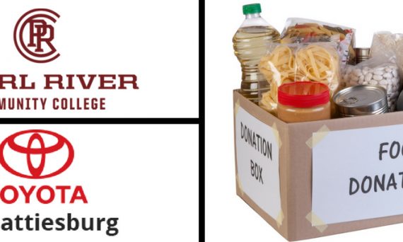 White Background with Pearl River Community College Logo, Toyota of Hattiesburg Logo and Box of Food Donations