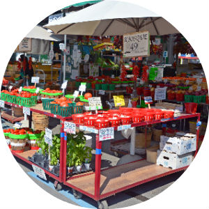 Tents, Umbrellas and Fresh Produce at a Farmers Market