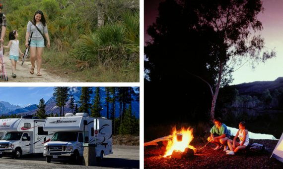 Pictures of a Family on a Hiking Trail, RVs with Mountains in the Background and a Family Next to a Campfire and Tent at Night
