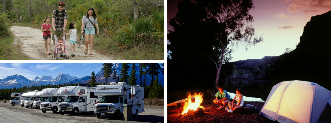 Pictures of a Family on a Hiking Trail, RVs with Mountains in the Background and a Family Next to a Campfire and Tent at Night